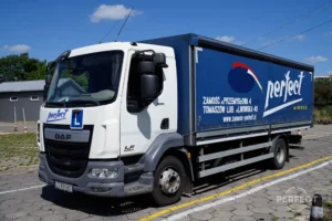 DAF LF 260 FA – ciężarówka do egzaminu kat. C w WORD Zamość. 260 KM, Euro 6. Pojazd w kolorze białym na placu egzaminacyjnym.